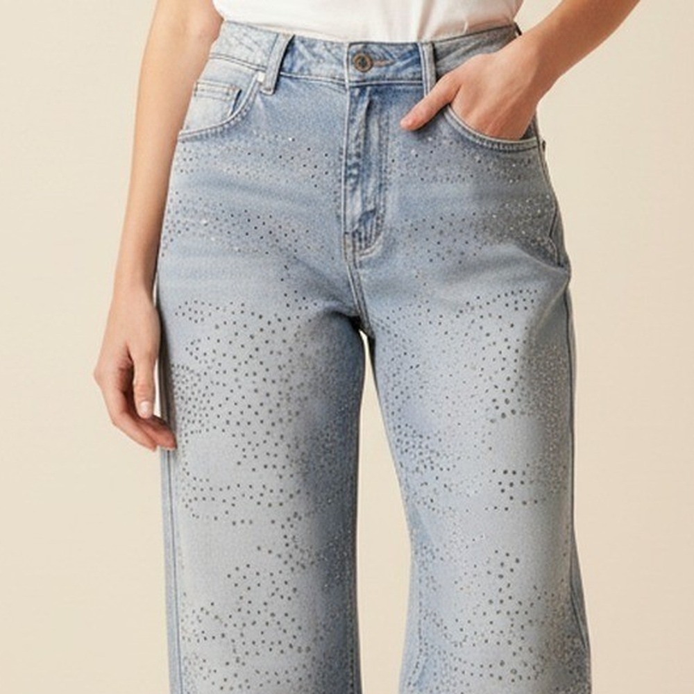 American Bazi NWT Rhinestone Wide Leg Jeans Womens M Light Wash RJH-21203 Bling